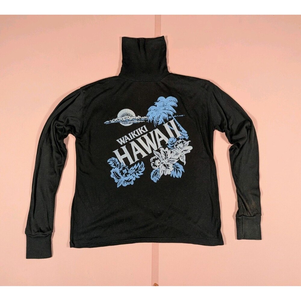 Vintage Waikiki Hawaii Blue Hibiscus Black Turtleneck Long Sleeve Shirt Small S
